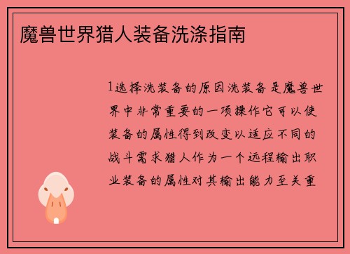 魔兽世界猎人装备洗涤指南